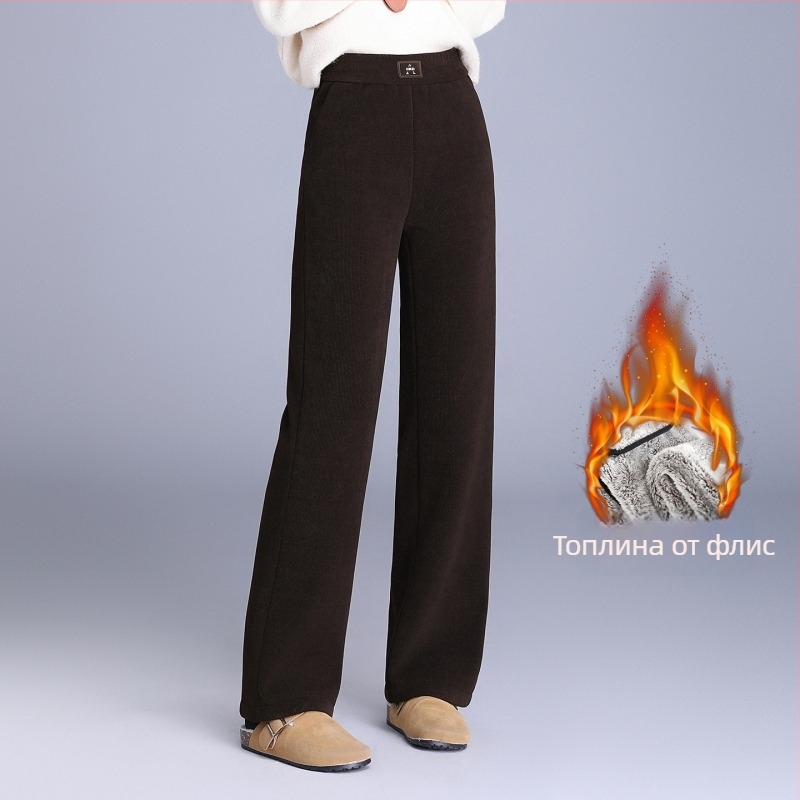 Дамски широки панталони Corduroy с подплата от флис, висока талия, дебели за зима 2025, стил елегантен градски