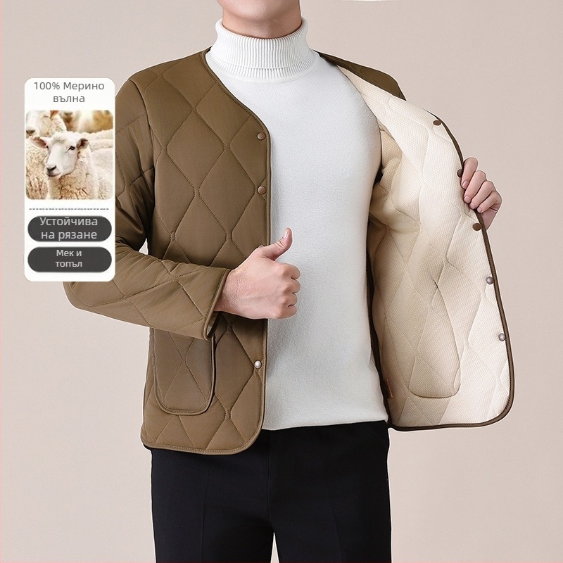 Мъжки дебел вълнен жилетка с V-образно деколте, памучен пълнител, подплата от полиестер, странични джобове, копчета, прав край, ежедневен стил