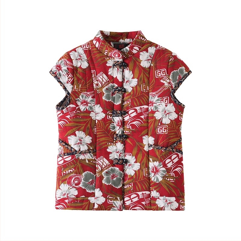 Жилетка за жени с китайски стил, памук-лен коноп смес, съдържание коноп 50-70%, флорален принт, есен 2025, дължина 50-65 см