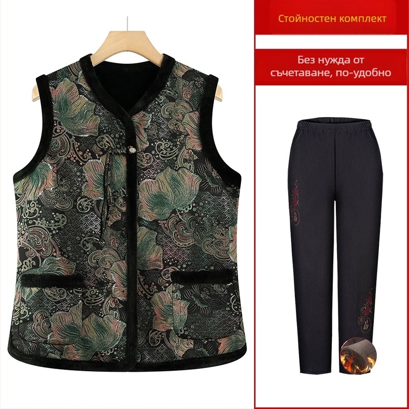 Безръкав елек, китайски стил, литературно ретро дизайн, принт растения и цветя, полиестерна тъкан, PVC съдържание ≤30%