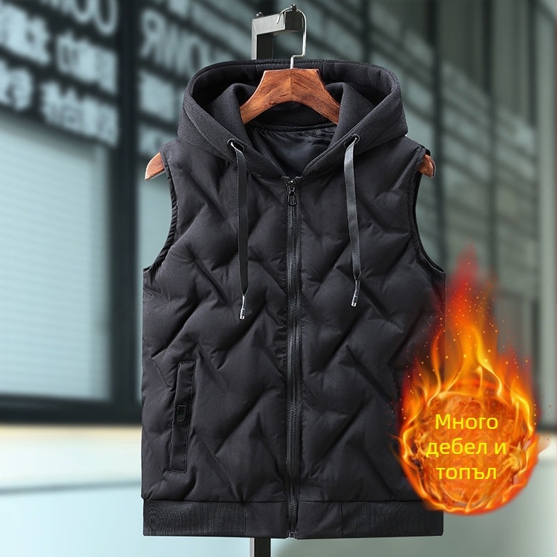 Мъжка качулена кърдюрова жилетка със вълнен външен слой, памучно пълнеж, ленена подплата, стойка яка