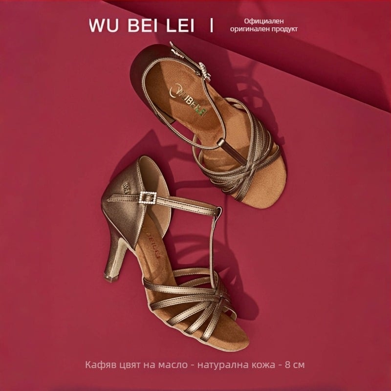 Т-образни обувки за латински танци с пет каишки за жени — копринена горна част, подметка от велур, дишащи, износоустойчиви