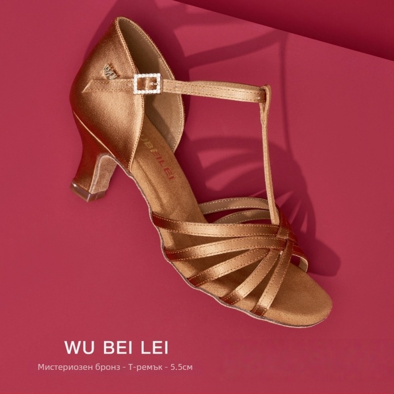 Т-образни обувки за латински танци с пет каишки за жени — копринена горна част, подметка от велур, дишащи, износоустойчиви