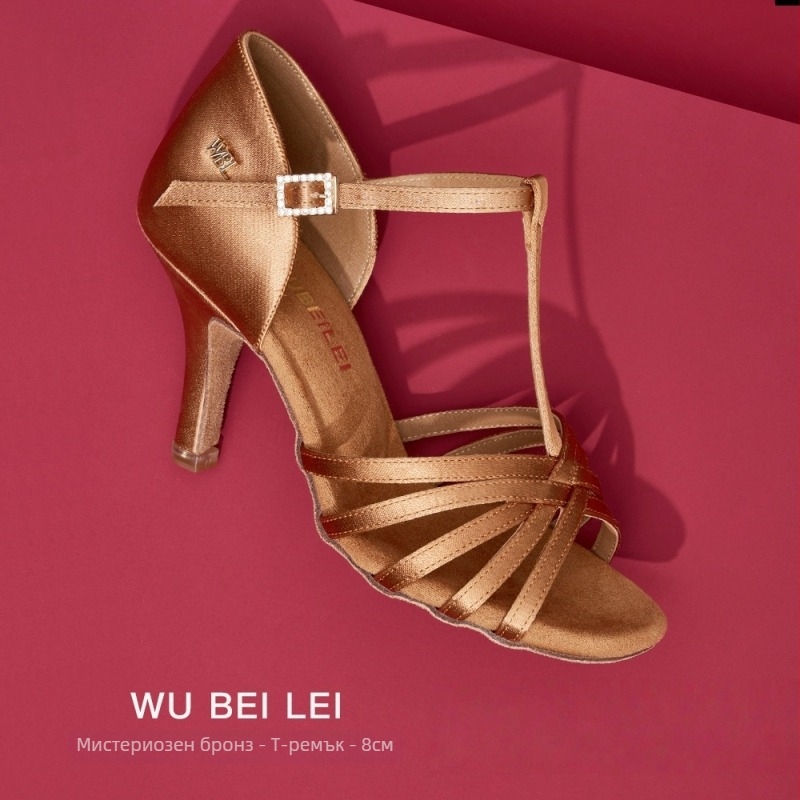 Т-образни обувки за латински танци с пет каишки за жени — копринена горна част, подметка от велур, дишащи, износоустойчиви