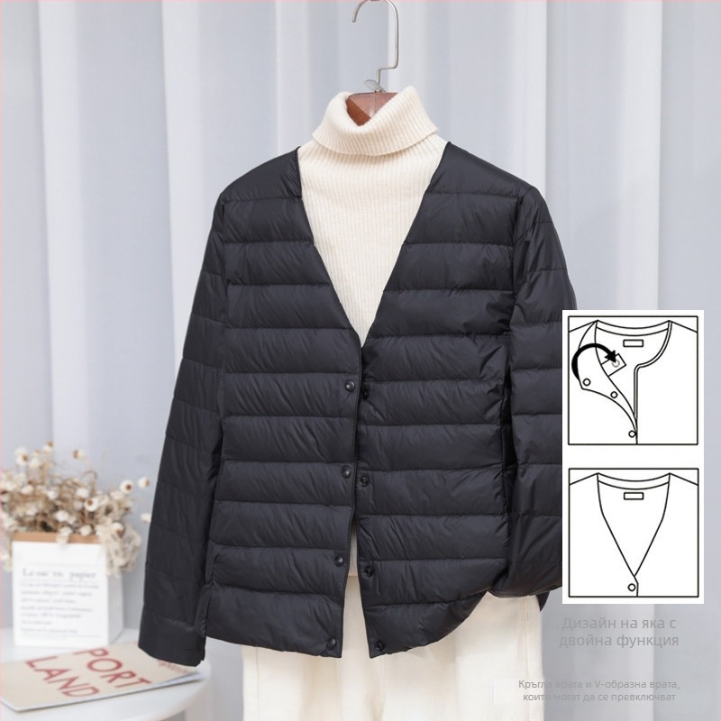 Дамско пухено яке, slim-fit модел; пълнеж: пух от бяла патица; материя: найлон; съдържание на пух: 50%; яка: wood-ear edge collar