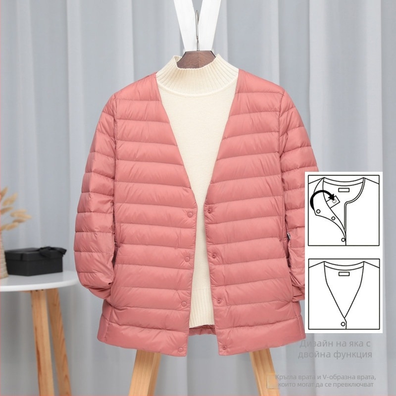 Дамско пухено яке, slim-fit модел; пълнеж: пух от бяла патица; материя: найлон; съдържание на пух: 50%; яка: wood-ear edge collar