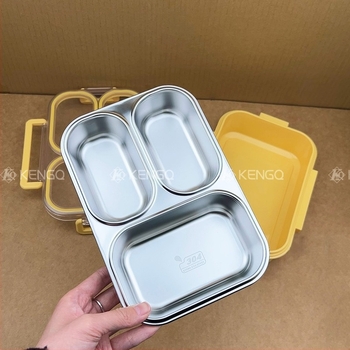 Кутия за обяд, микровълнова съвместима, 304 неръждаема стомана, с три отделения, запечатана, капацитет 800-1000 ml