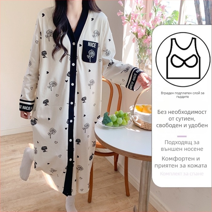 Рокля за бременни с достъп за кърмене, миди A‑линия, V‑образно деколте, дълги ръкави, памук 70–80%, стил cardigan