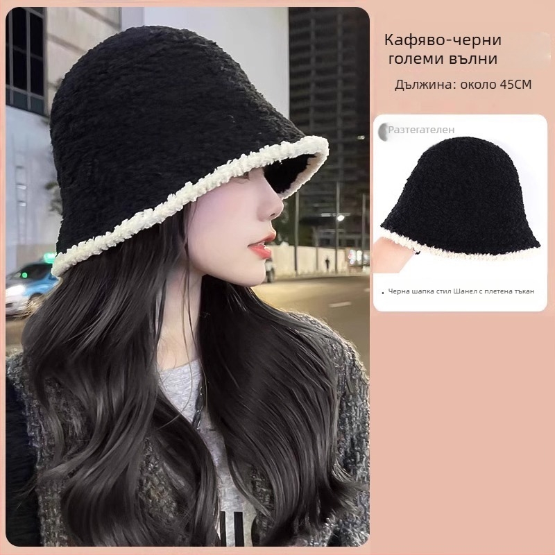 Рибарска шапка-перука с дълга къдрава коса, плетена за есен/зима, естествен вид, коса от висока температура, бретон: прав или наклонен, не се боядисва и не се поддава на къдрене