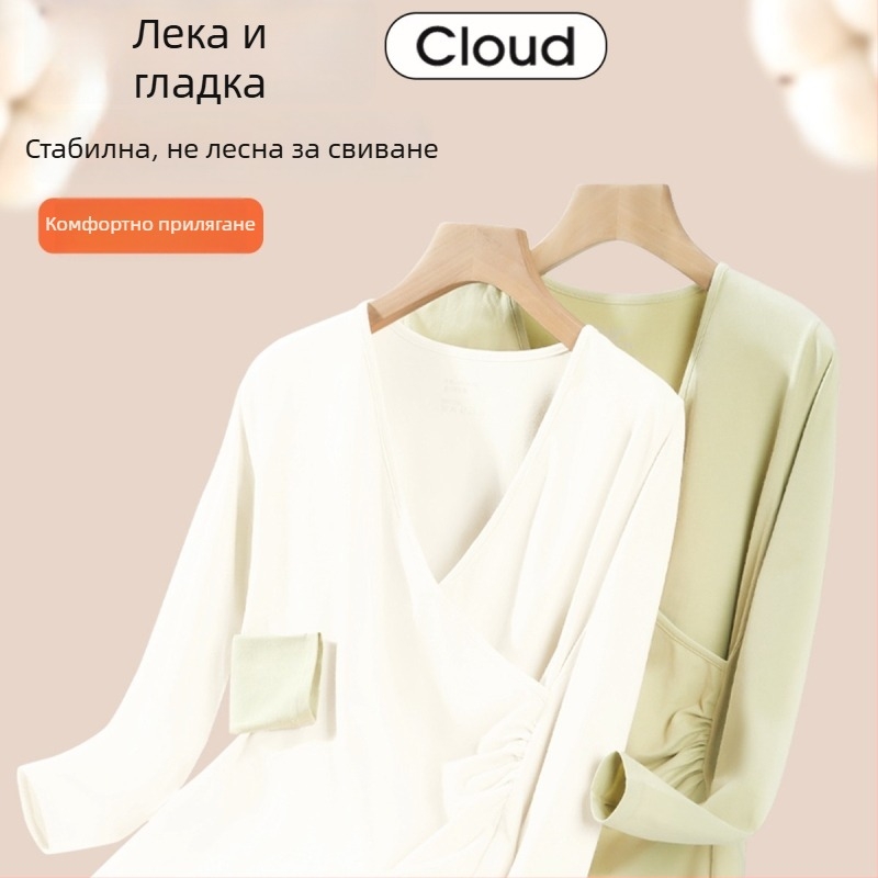 Комплект пижами за бременни с функция за кърмене – V-образна яка, дълги ръкави с руфъл детайл, дълги панталони, плътна полиестерова материя (90–95%)