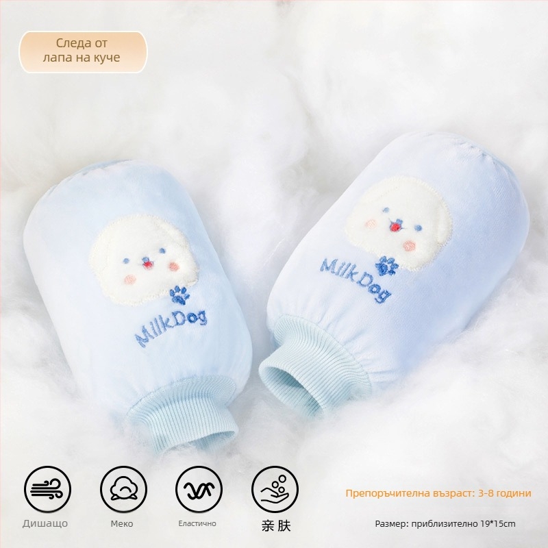 Детски рукавни протектори от фланел с карикатурен дизайн — анти-замърсяване, есен-зима, бродерия (Материал: фланел; Дизайн: карикатура; Функция: анти-замърсяване; Сезон: есен-зима; Технология: бродерия)