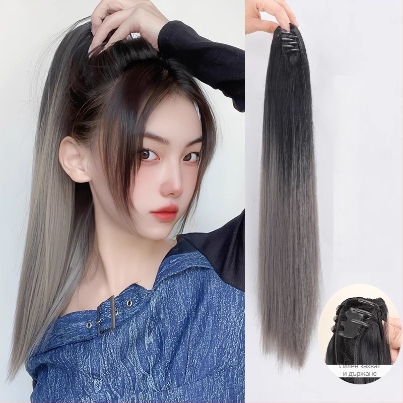 Перука с опашка за жени, дълга права коса, влакна устойчиви на високи температури, механизъм за закрепване, може да се боядисва и къдри