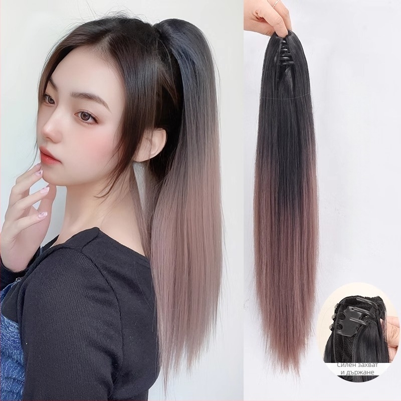 Перука с опашка за жени, дълга права коса, влакна устойчиви на високи температури, механизъм за закрепване, може да се боядисва и къдри