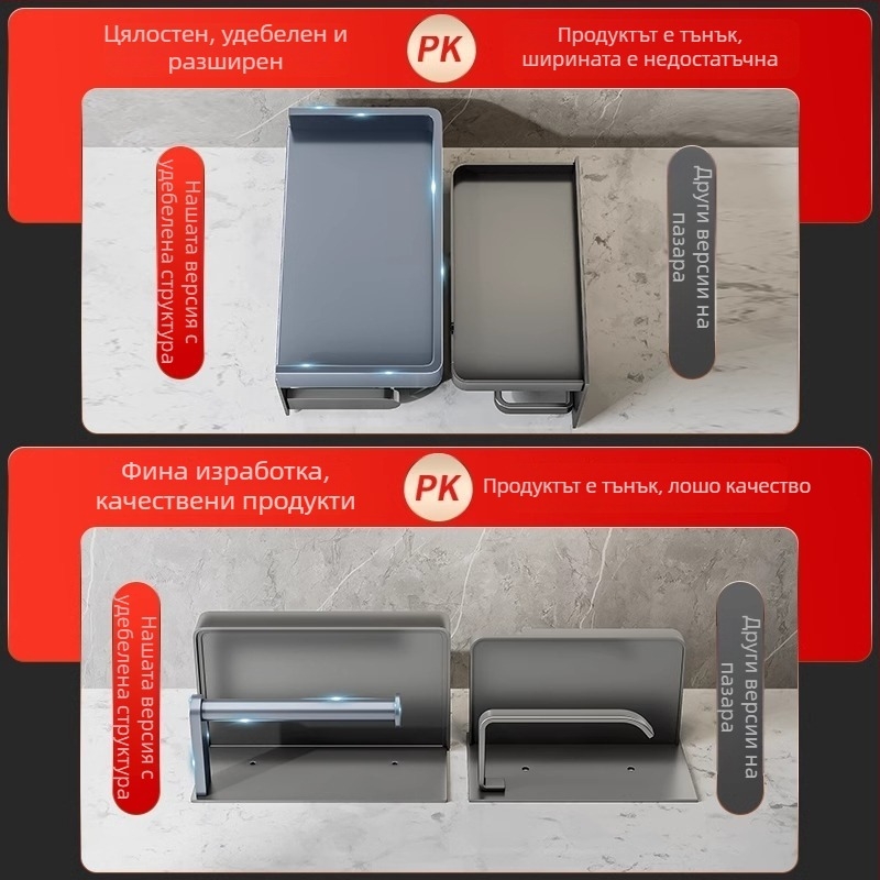 Стенно държач за тоалетна хартия от алуминиева сплав, без пробиване, водоустойчива, квадратна
