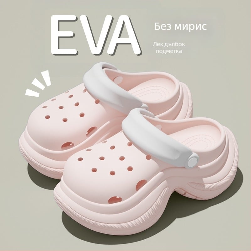 Дамски Mary Jane EVA обувки с висок ток, 5 cm подметка, Injection molded, Crocs стил за плаж и ежедневие, повишаване на височината