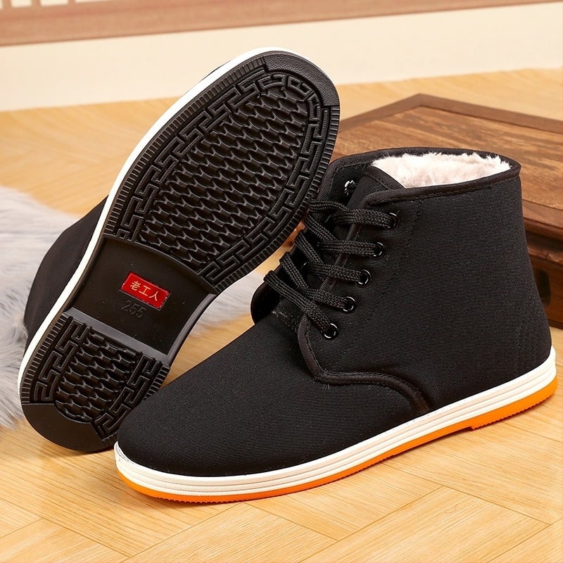 Домашни зимни пантофи: високи платнени горна част, флис подплата, гумирана подметка, връзки