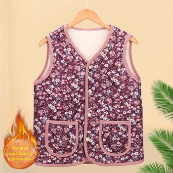 Флорална подплатена полиестер жилетка за жени средна и по-възрастна възраст; кардиганоподобно външно облекло; външен материал 70–80% полиестер, вътрешен 50–70% полиестер; дължина 50–65 см; релефна текстура; японски/корейски стил