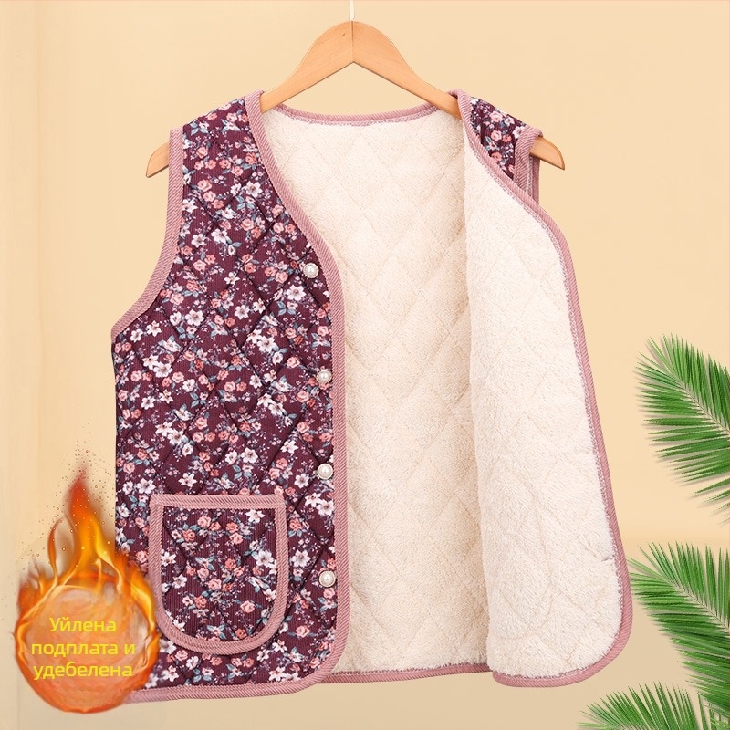 Флорална подплатена полиестер жилетка за жени средна и по-възрастна възраст; кардиганоподобно външно облекло; външен материал 70–80% полиестер, вътрешен 50–70% полиестер; дължина 50–65 см; релефна текстура; японски/корейски стил