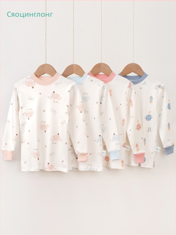 Детски памучен термо комплект за пролет и есен, унисекс, с средна яка, без качулка, 100% памук