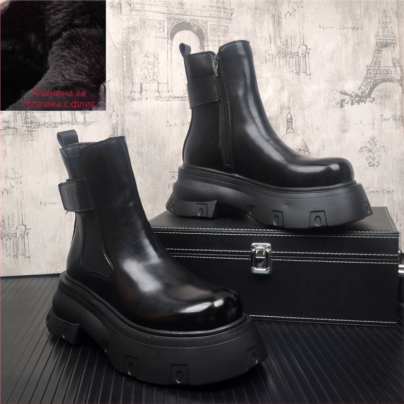 Мъжки Челси ботуши от естествена кожа, с дебело гумено ходило, подплатени изкуствен къс пух, зимен модел 2024