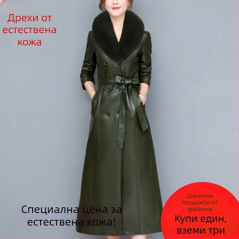 Chiweng Истинска овча кожа дълго палто с яка от лисица, корейски стил, размер плюс, подплатено с флис