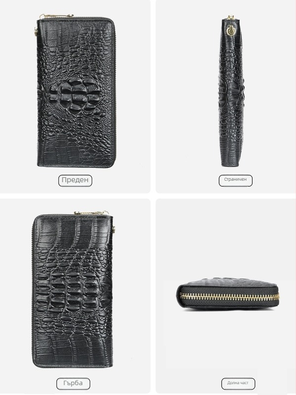 Мъжки клъч-портфейл от естествена кожа с крокодилски модел, дълъг цип, вътрешност от кожа на първи слой и подплата полиестер-памук, устойчива на износване, разширяем капацитет