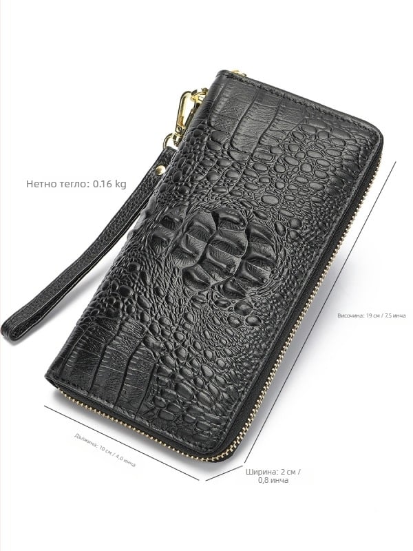 Мъжки клъч-портфейл от естествена кожа с крокодилски модел, дълъг цип, вътрешност от кожа на първи слой и подплата полиестер-памук, устойчива на износване, разширяем капацитет