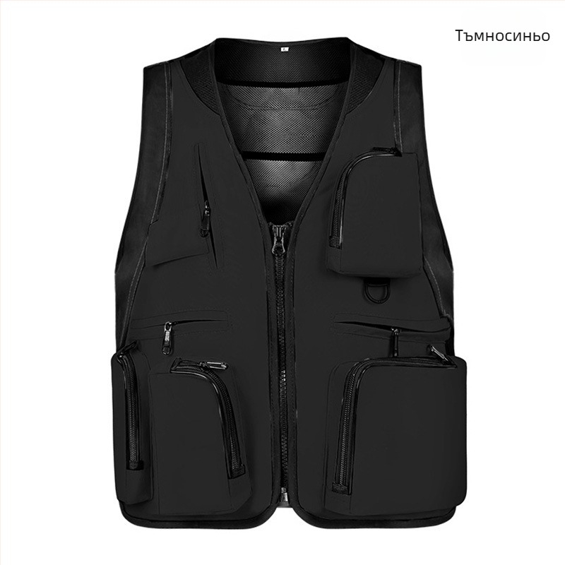 Външна жилетка с множество джобове, водоустойчива, с цип, без качулка, свободен силует, за все сезони