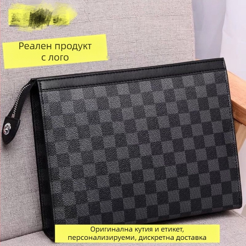 Мъжка клач чанта с каре от кожа - уличен стил, естествена кожа от първи слой, подплата полиестер, Mini Dragon