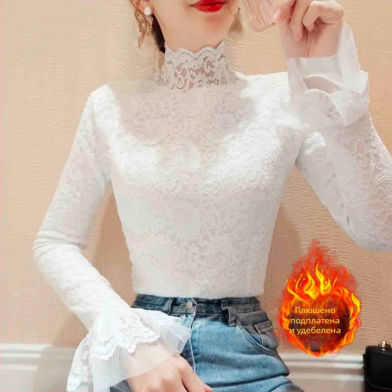 Дантелено мрежесто горнище с дълги ръкави, полувисока яка и флорален принт, тясно прилягащо, 95% найлон