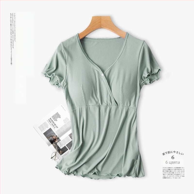 Комплект майчински пижами с отвор за кърмене, къс ръкав, V-образно деколте, 90–95% регенерирани влакна целулоза, летен стил