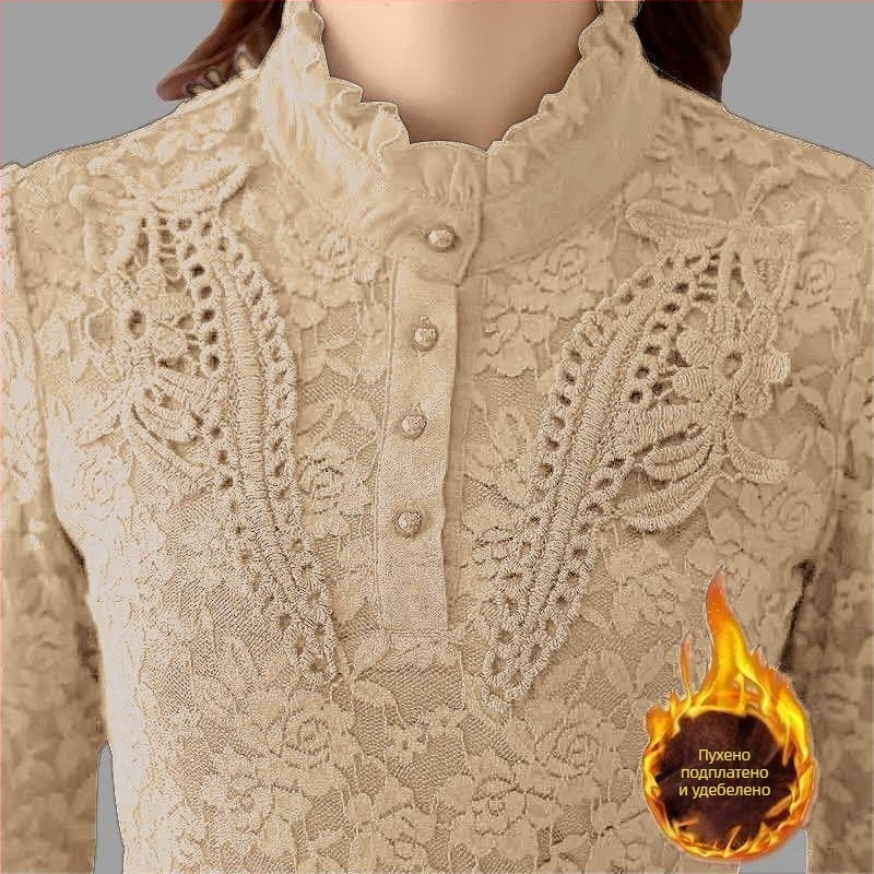 Дамска блуза за долно бельо с подплата от флийс и дантела, бродерия, дълги ръкави, стойка яка, полиестрово-амониева смес, стандартен модел