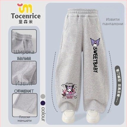 Детски момичешки кърдюрови панталони с заешка козина, тематика My Melody и Kuromi, корейски стил, пролет 2025 – възраст 3–8 години.