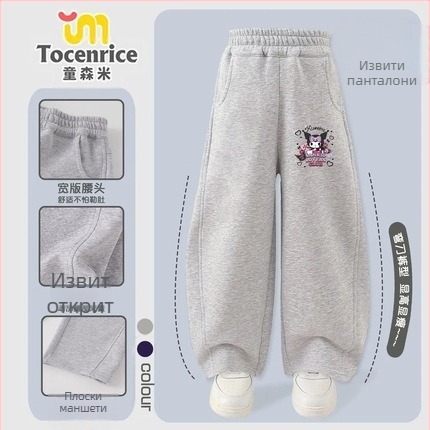 Детски момичешки кърдюрови панталони с заешка козина, тематика My Melody и Kuromi, корейски стил, пролет 2025 – възраст 3–8 години.