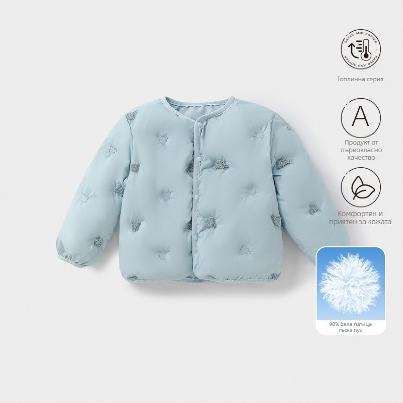 Детско пухено яке, унисекс, 81-85% бял гъши пух, късо яке, свободна кройка, полиестерна горна част и подплата, модел за свободно време