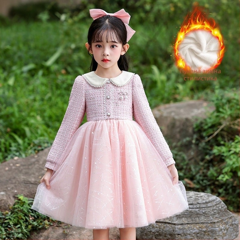Детска принцес рокля за есен 2025: мрежеста материя, полиестер 81–90%, подплата памук 60–70%, А-линия.