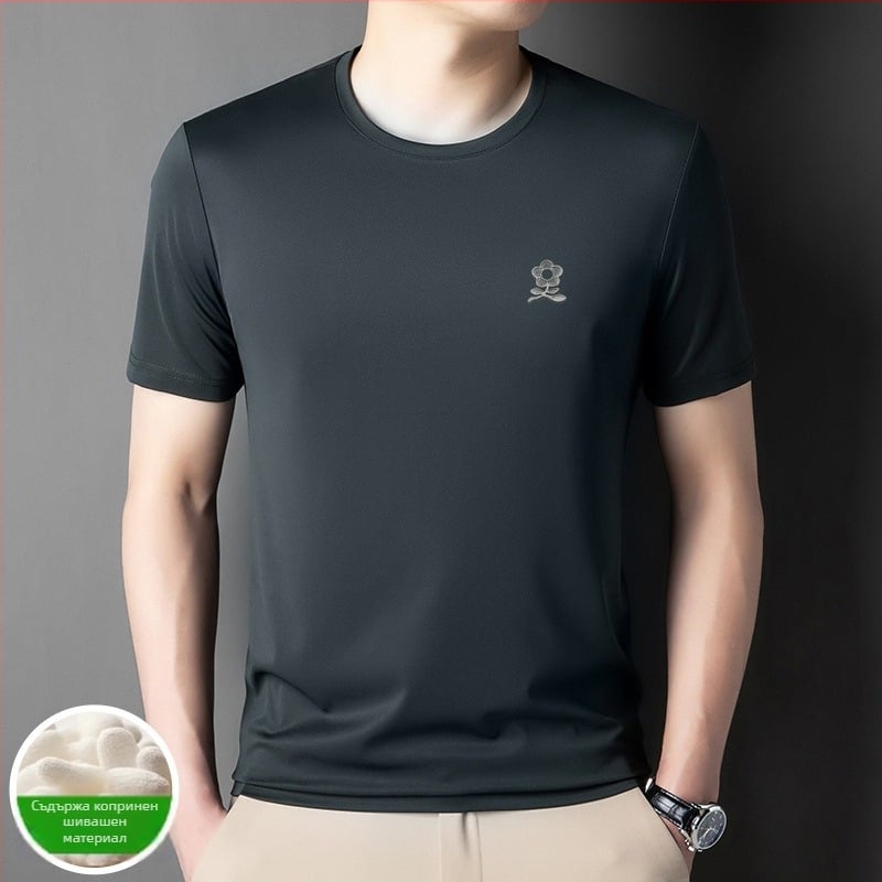 Мъжка тениска Ice Silk с Mulberry коприна 71–80%, Slim fit, кръгло деколте, къси ръкави, геометричен принт, лято 2025