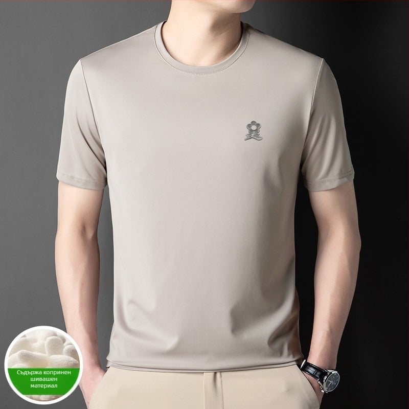 Мъжка тениска Ice Silk с Mulberry коприна 71–80%, Slim fit, кръгло деколте, къси ръкави, геометричен принт, лято 2025