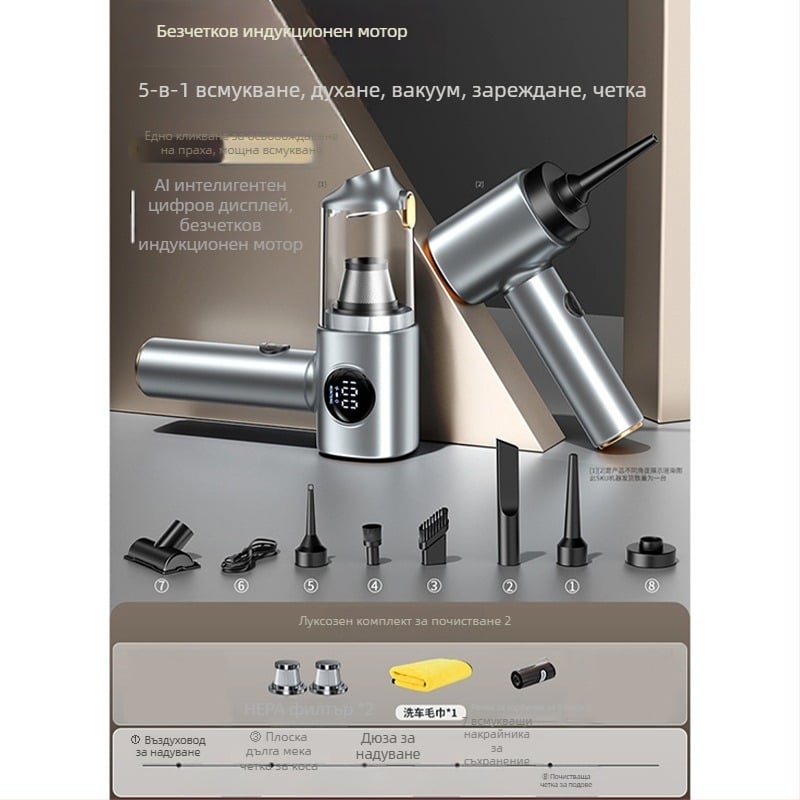 Безжичен вакуум за кола с дигитален дисплей — компактна ръчна система (10V, 100W, 10000 Па, 20 мин)