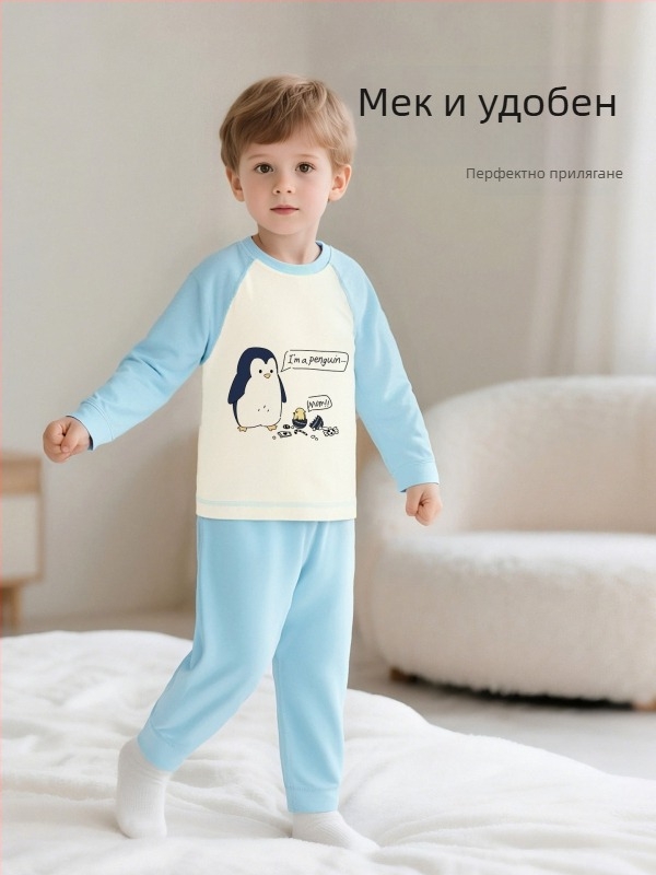 Детски памучен пижамен комплект с карикатурен принт, за деца на възраст 3–8 години, кръгло деколте, пролетно–есенен