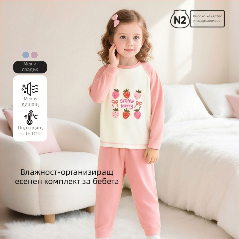 Детски памучен пижамен комплект с карикатурен принт, за деца на възраст 3–8 години, кръгло деколте, пролетно–есенен