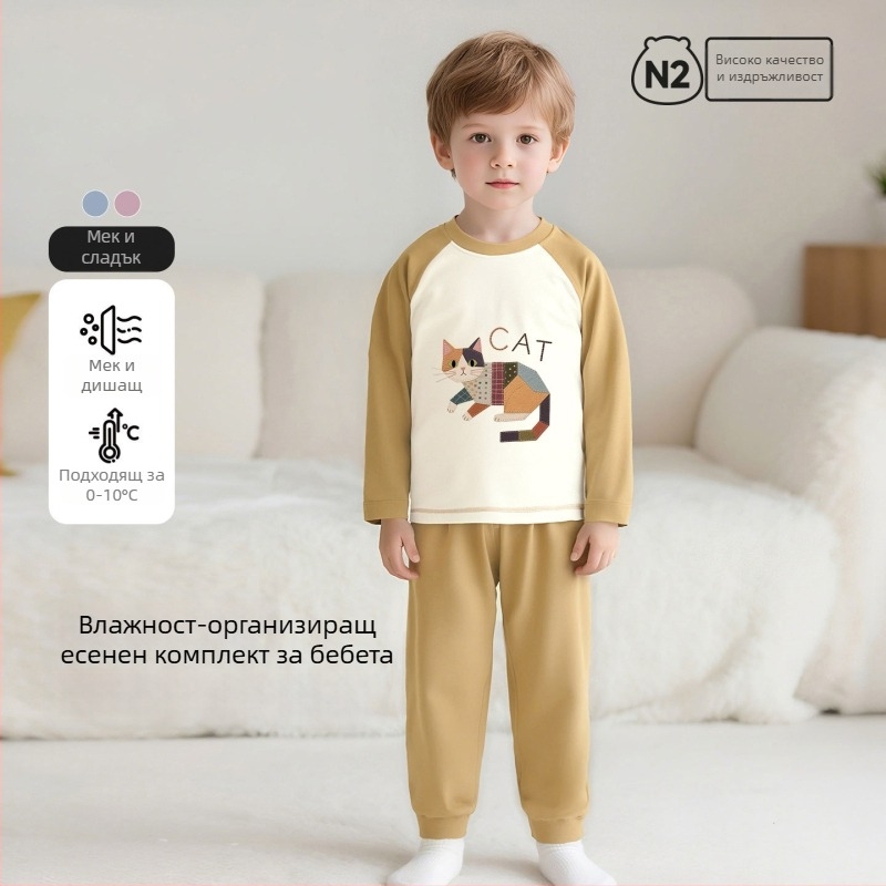 Детски памучен пижамен комплект с карикатурен принт, за деца на възраст 3–8 години, кръгло деколте, пролетно–есенен