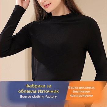 Дамска полиестерова флисова дълъг ръкав Т‑шърт с полувисока яка, базов слой, тясно прилепваща