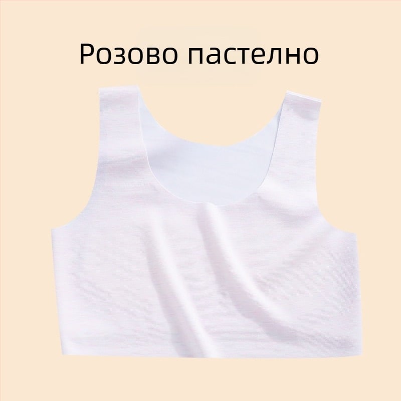 Потник за момичета – нейлонова материя, чашка 1/2, тънка формирана чашка с гъбеста подплата, фиксирани двойни презрамки, подплата от вискоза 90–95%