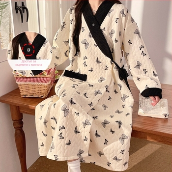 Рокля за кърмене след раждане от въздушен памук, дълги ръкави, откриване за кърмене, дълга пола