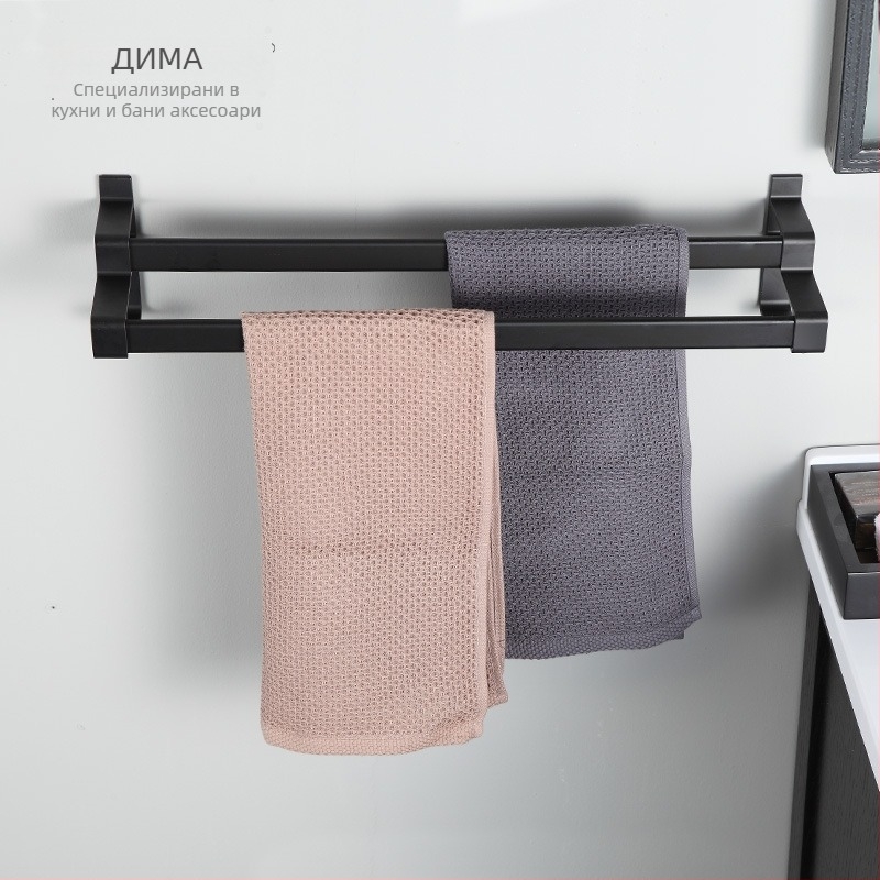 Закачалка за кърпи за баня от Space алуминий със черно анодизирано покритие, двойна конструкция, носимост 10 кг, марка Emma