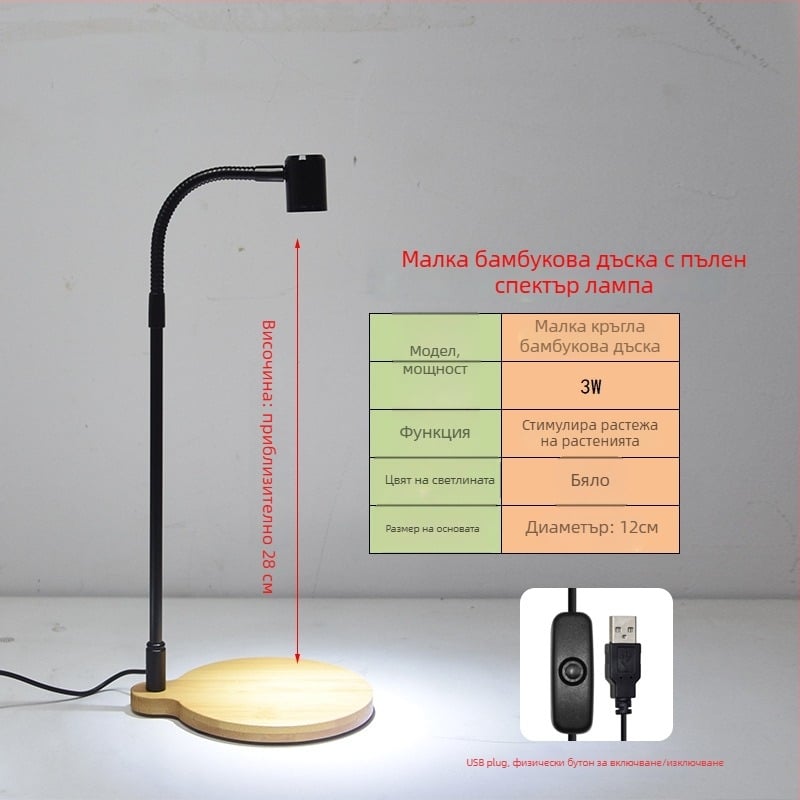 LED лампа за растеж на растения за сукуленти и саксийни растения - пълен спектър, 3W, 0,5 кг