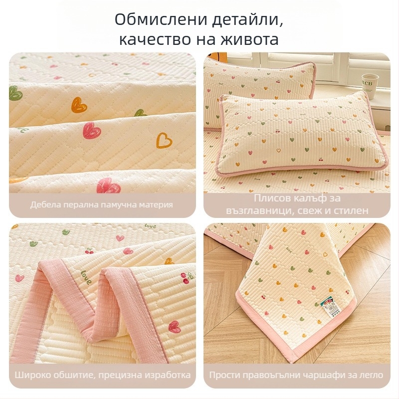За майки и деца: Двойнослойно марля покривало за легло, несклъзващ се татами матрак покрив, комплект от 3 части, карикатурни мотиви, синтетично влакно