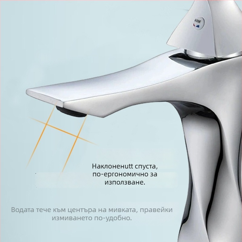 Кран за умивалник с въртящ се дизайн, гореща и студена вода, защита против пръски, корпус от цинкова сплав, керамичен клапан, електроплакиран завършек, диаметър на седалката 32–42 мм
