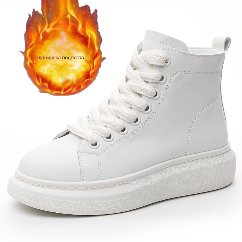 Дамски високи кожени кецове с дебела подметка, кожена горна част, средна височина върха, връзки, ежедневни спортни обувки